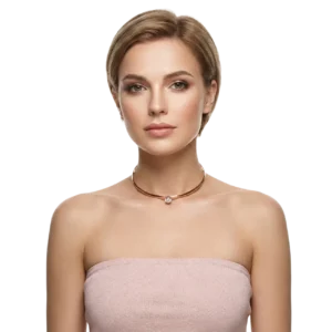 Altın Kaplama Kristal Taşlı Choker Kolye manken üzerinde önden çekilmiş pozuyla beyaz arka planda sergileniyor.