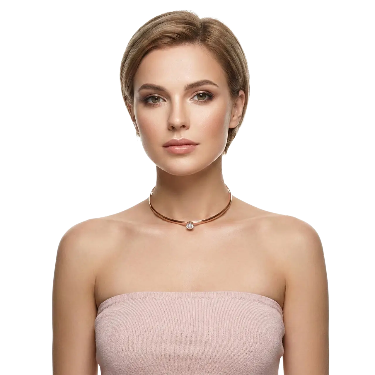Altın Kaplama Kristal Taşlı Choker Kolye manken üzerinde önden çekilmiş pozuyla beyaz arka planda sergileniyor.
