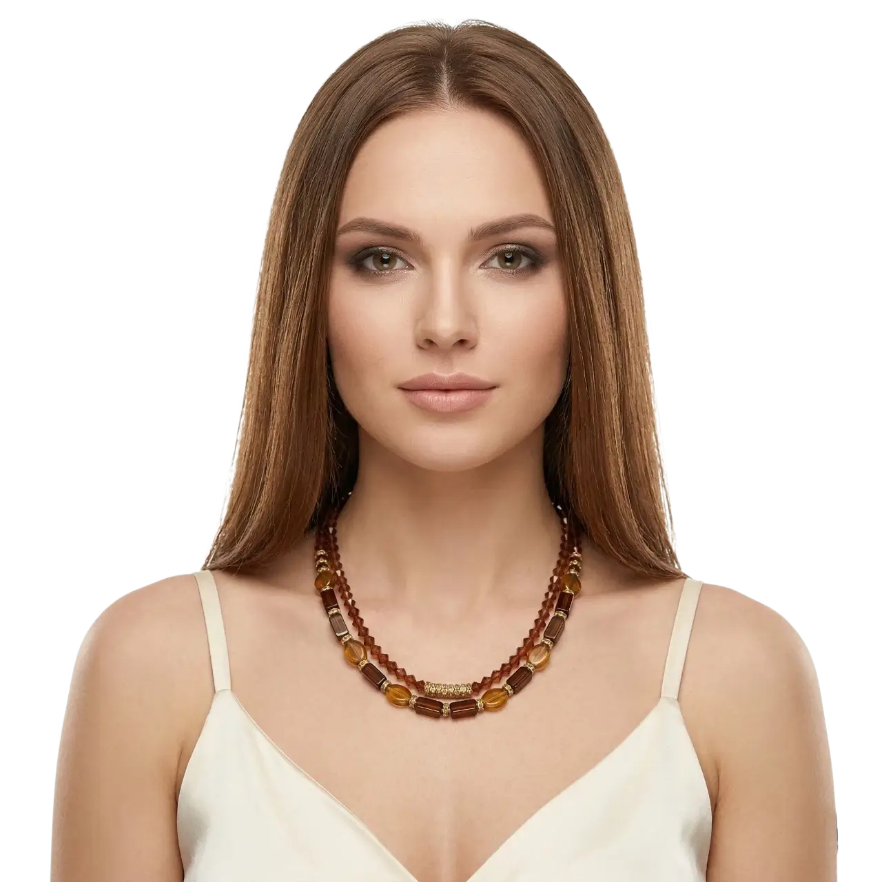Çift Katmanlı El Yapımı Boho Kolye manken üzerinde önden çekilmiş pozuyla beyaz arka planda sergileniyor.