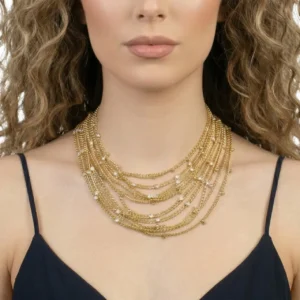 Çok Katmanlı Zirkon Taşlı Zincir Choker manken boynunda zoom çekim detaylarıyla beyaz arka planda dikkat çekiyor.