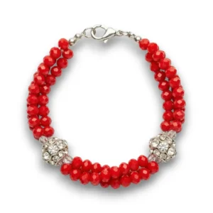Gümüş renkli taşlı kırmızı boncuklu bileklik önden görünüş