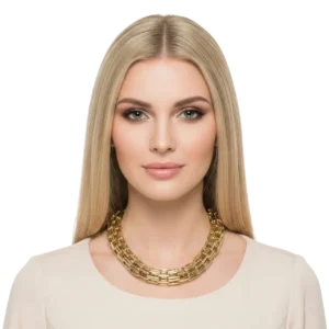 Raylı Tasarım Altın Kaplama Choker Kolye manken üzerinde önden çekilmiş pozuyla beyaz arka planda sergileniyor.