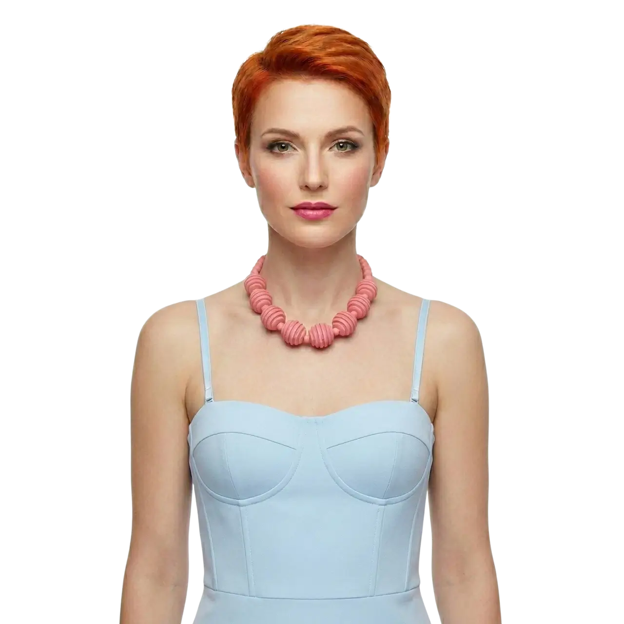 Retro Tarz Pembe Ahşap Choker Kolye manken üzerinde önden çekilmiş pozuyla beyaz arka planda sergileniyor.