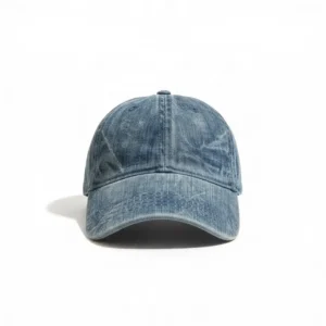Unisex Model Eskitilmiş Denim Beyzbol Şapka beyaz fonda önden ürün görünümü.