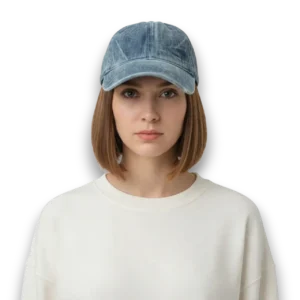 Unisex Model Eskitilmiş Denim Beyzbol Şapka kadın mankende beyaz fon önden poz.