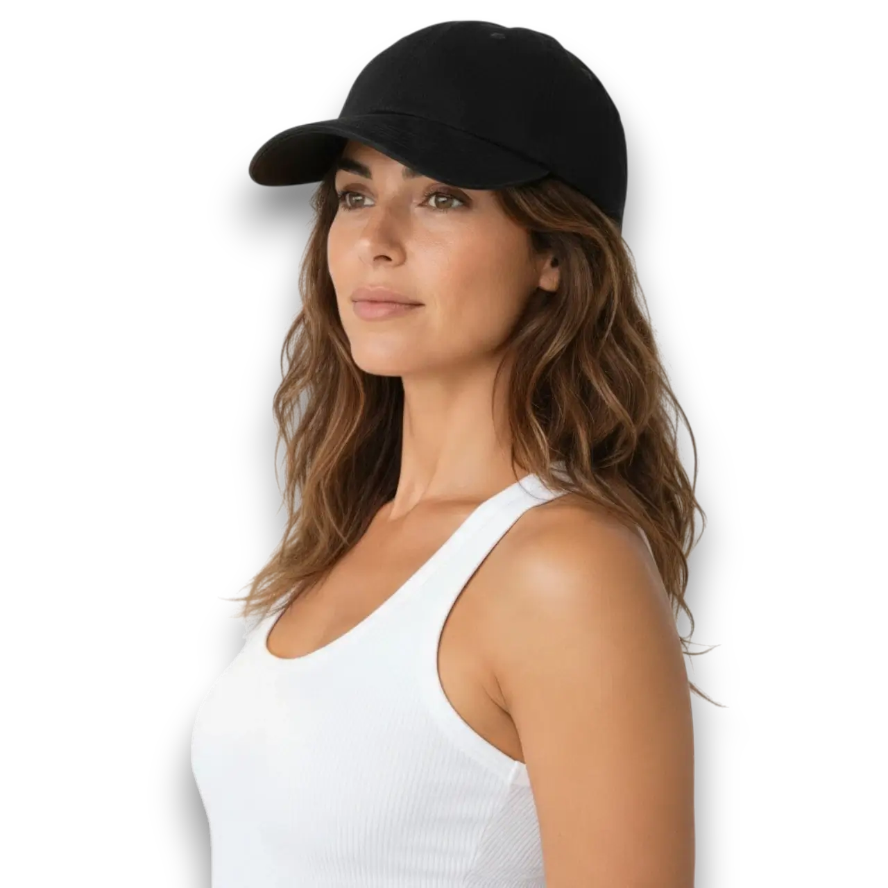 Unisex Model Siyah Pamuklu Beyzbol Şapka kadın mankende beyaz fon sol çapraz poz.