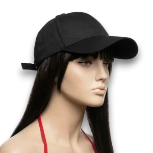 Manken kadın üzerinde sağ yandan poz verilmiş unisex siyah cotton kumaş beyzbol şapka TikiTonki