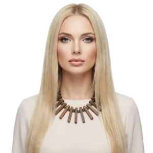 Bohem Tarz Ahşap Boncuklu Choker Kolye manken üzerinde önden çekimle beyaz arka planda doğal duruşunu sergiliyor.