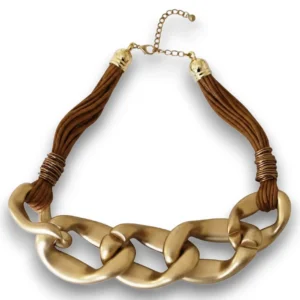 Dore Renk Kalın Zincir Ahşap Choker uzatma aparatı, klipsi ile genel görünümüyle net olarak yansıtılıyor.