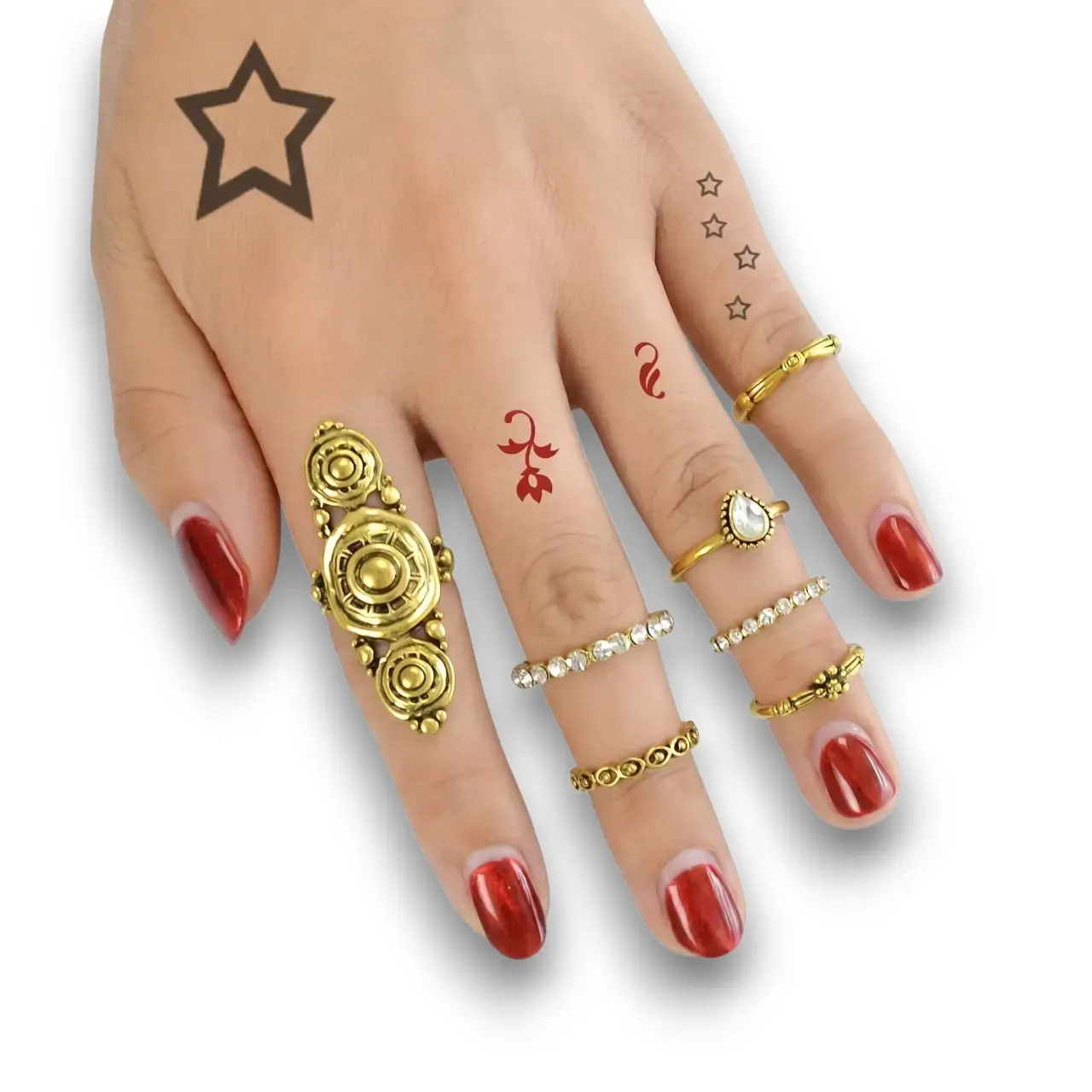 Eklem yüzük bohem tarz gold set manken elinde