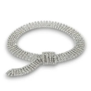 Gümüş kaplama zirkon taşlı choker kolye tasarımının beyaz arka plan üzerindeki genel görünümü.