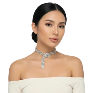 Gümüş kaplama zirkon taşlı choker kolye modelinin beyaz arka planda manken üzerinde önden görünümü.