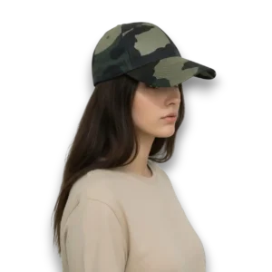 Kamuflaj Desenli Unisex Model Beyzbol Şapka uzun saçlı kadın mankende beyaz fon poz.