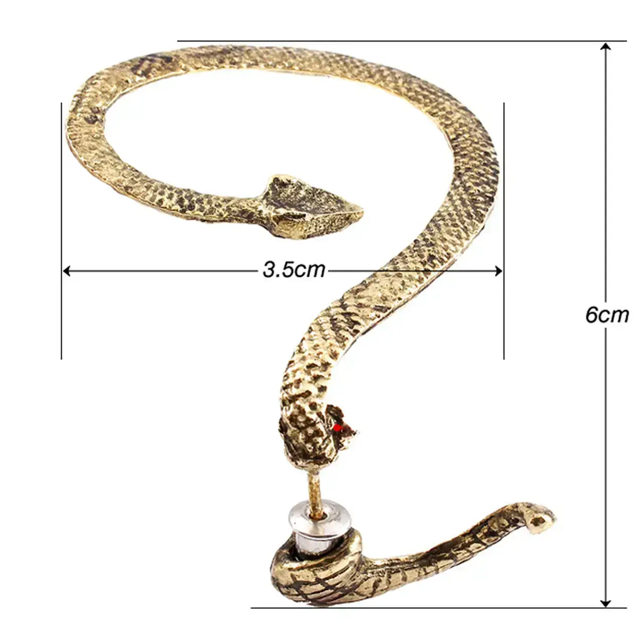 Kıkırdak küpe ölçü görünümünde yılan figürlü 6 cm uzunluğunu beyaz fonda net şekilde gösteriyor.