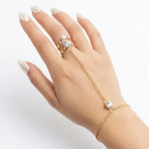 Zirkon taşlı yüzük detaylı şahmeran bileklik manken elinde