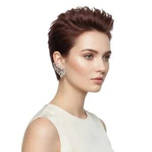 Gümüş Kaplama Tüy Figürlü Tragus Küpe, mankende hafif çapraz poz, beyaz fon.