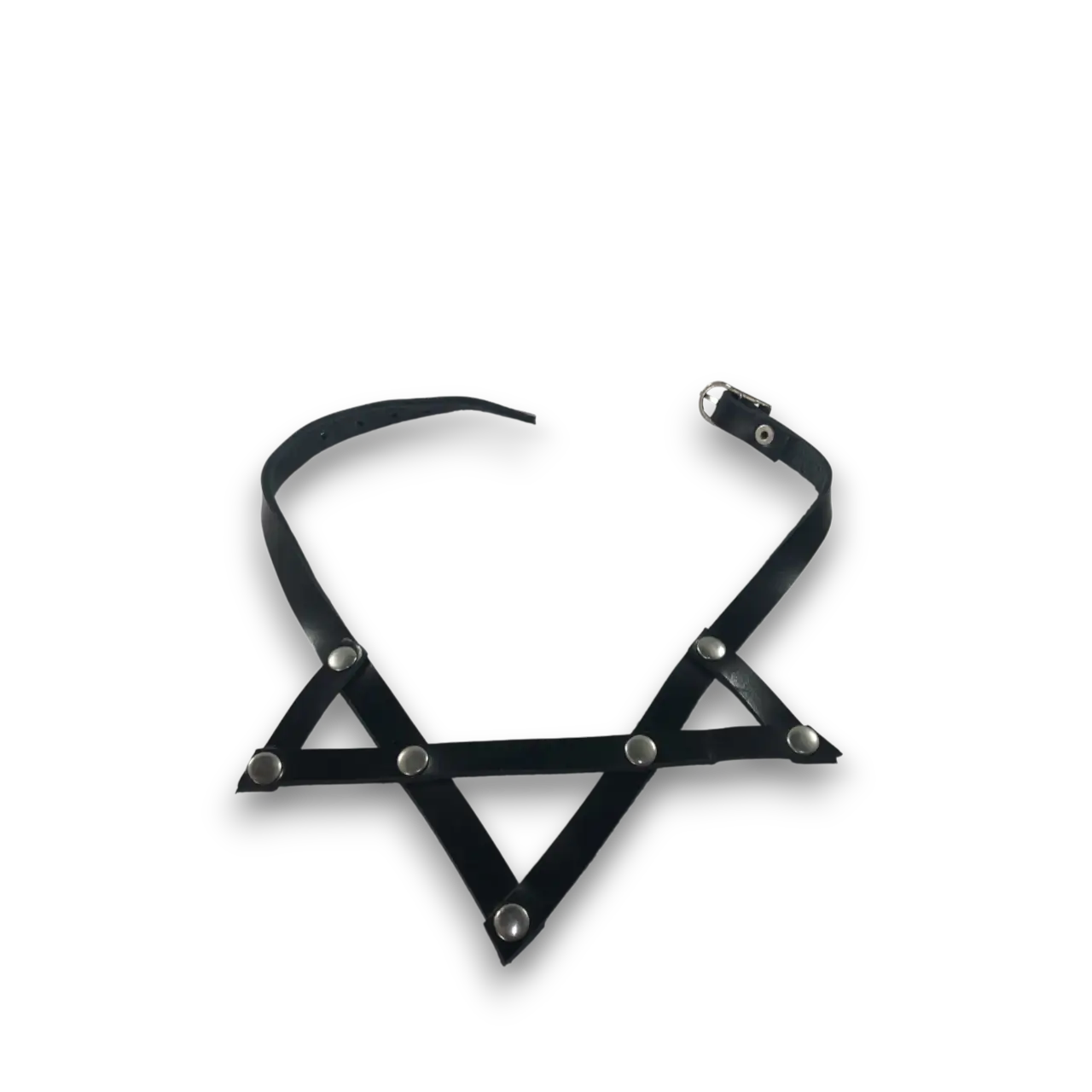 Pentagram tasarım gotik tarz deri choker modelinin beyaz fonda üstten, karşıdan genel görünümü.