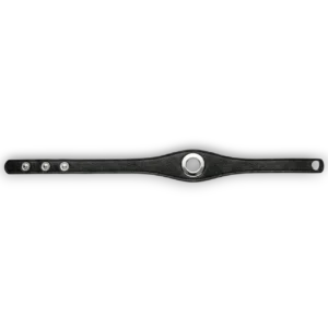Siyah deri metal halkalı choker kolye ürününün beyaz arka plan üzerindeki üstten açık halde görünümümü.