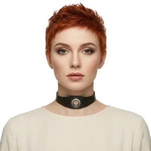 Siyah deri metal halkalı choker kolye modelinin beyaz arka planda manken üzerinde önden pozu.
