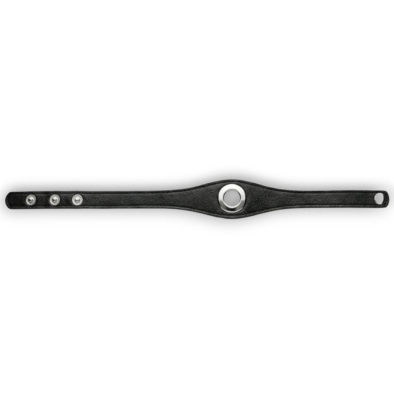 Siyah deri metal halkalı choker kolye ürününün beyaz arka plan üzerindeki üstten açık halde görünümümü.