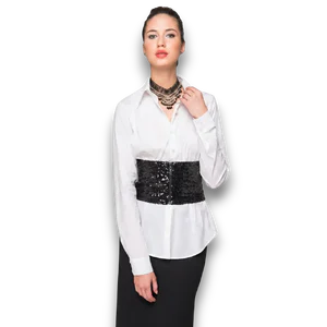 Manken üzerinde şık tulum ile kullanılan siyah pulpayetli abiye stil korsaj kemer modeli TikiTonki