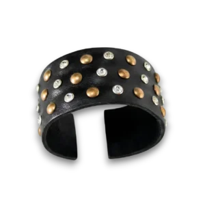 Taşlı troklu siyah deri kelepçe bileklik genel görünüm