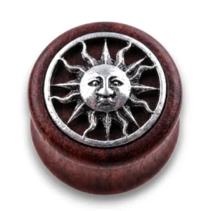 Koyu kahverengi güneş figürlü ahşap tünel piercing