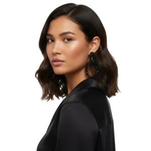 Kristal Küpe Oval Model Siyah Gümüş Tasarım - Siyah