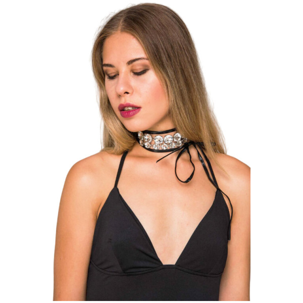 Kristal taşlı siyah deri choker kolye