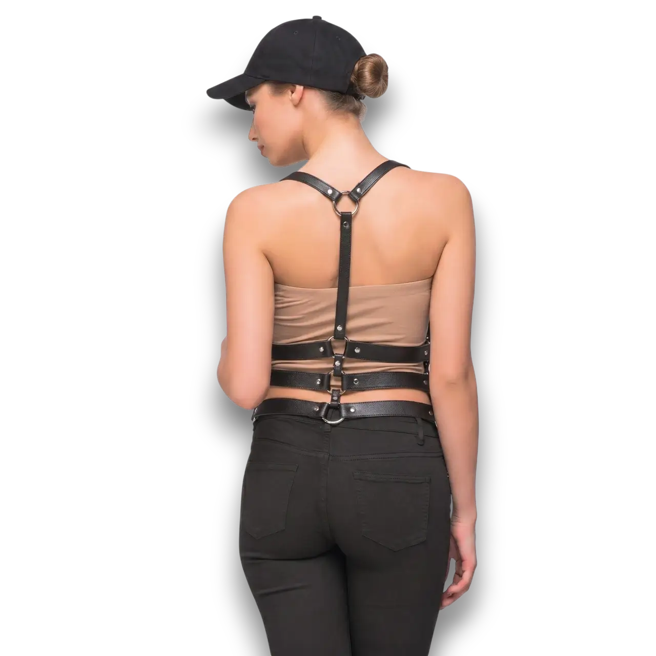 Siyah Deri Gotik Tasarım Kadın Harness stüdyo çekiminde siyah giyimli mankende arkadan poz.