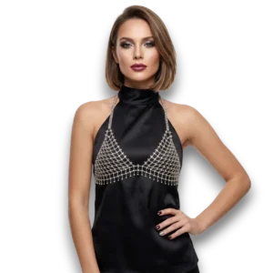 Boyundan bağlamalı gümüş kaplama vücut zinciri manken üzerinde