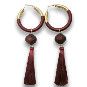 Püsküllü Küpe Retro Model Uzun Tasarım - Bordo