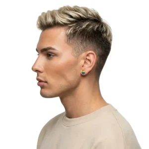 Minimal Tasarım Gökkuşağı Model Çelik Küpe, mankende profilden poz, beyaz fon.