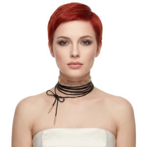 Minimalist tarz uzun deri choker kolye modelinin beyaz arka planda manken üzerinde önden pozu.