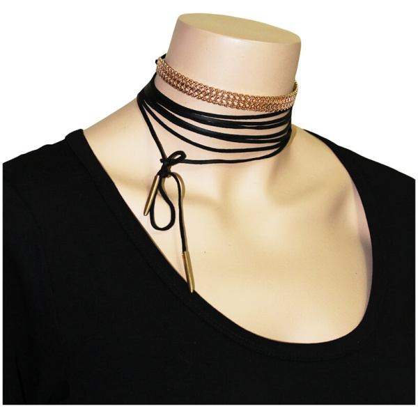 150 cm siyah deri ipli, gold metal detaylı modern choker kolye