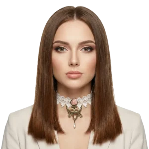 Beyaz dantelli pembe güllü choker kolye modelinin beyaz arka planda manken üzerindeki önden pozu.