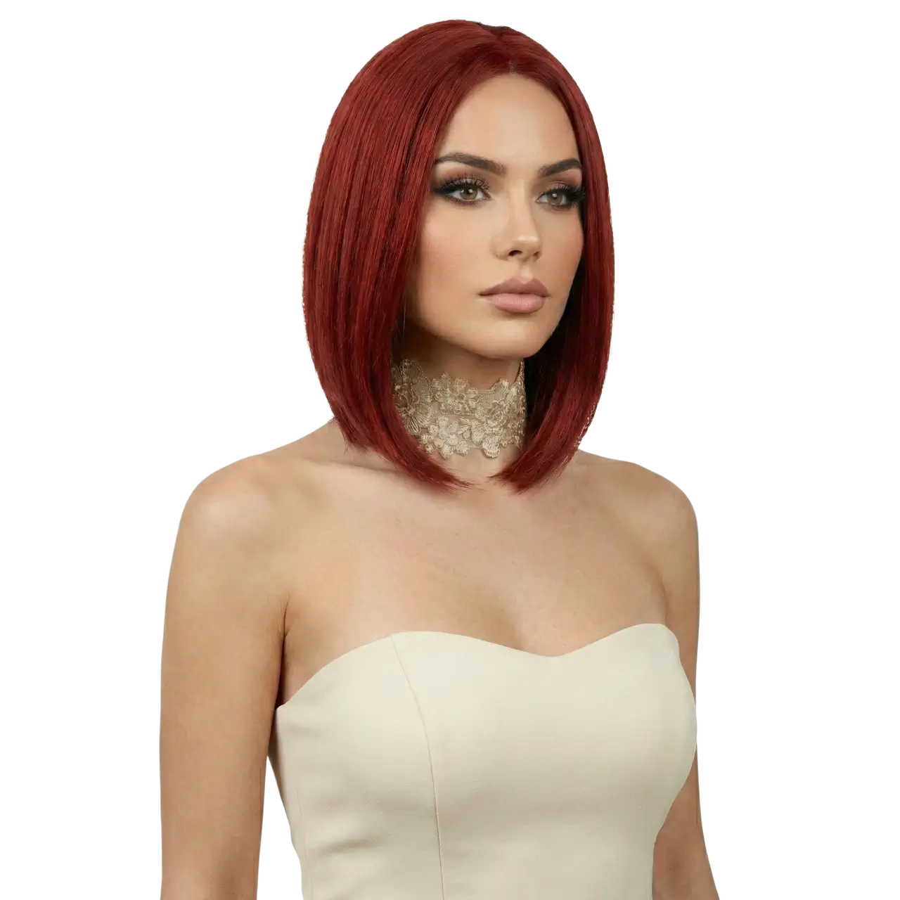 Çiçek işlemeli gold güpürlü choker boyunluk modelinin beyaz arka planda manken üzerindeki karşıdan çekimi.