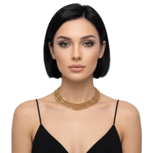 Esnek tasarım çok katmanlı choker kolye gold renk modelinin beyaz fonda mankende önden görünümü.