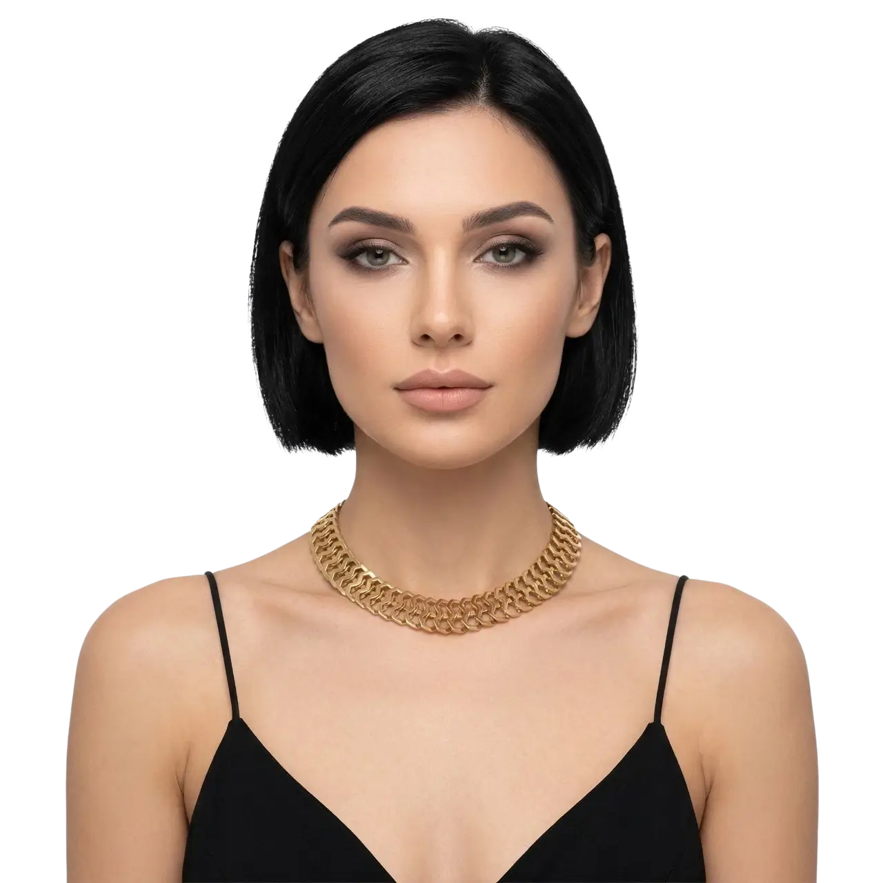 Esnek tasarım çok katmanlı choker kolye gold renk modelinin beyaz fonda mankende önden görünümü.