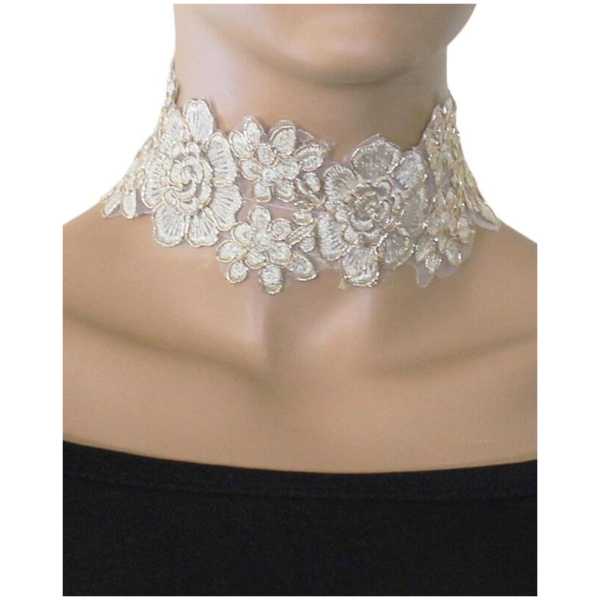 Bej renkli dantel ve altın kaplama zincir detaylı vintage choker kolye