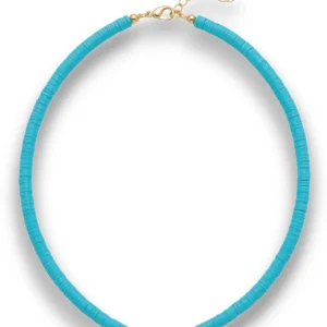 Nazar boncuklu turkuaz fimo choker kolye ürününün beyaz arka planda detaylı genel görünümü.