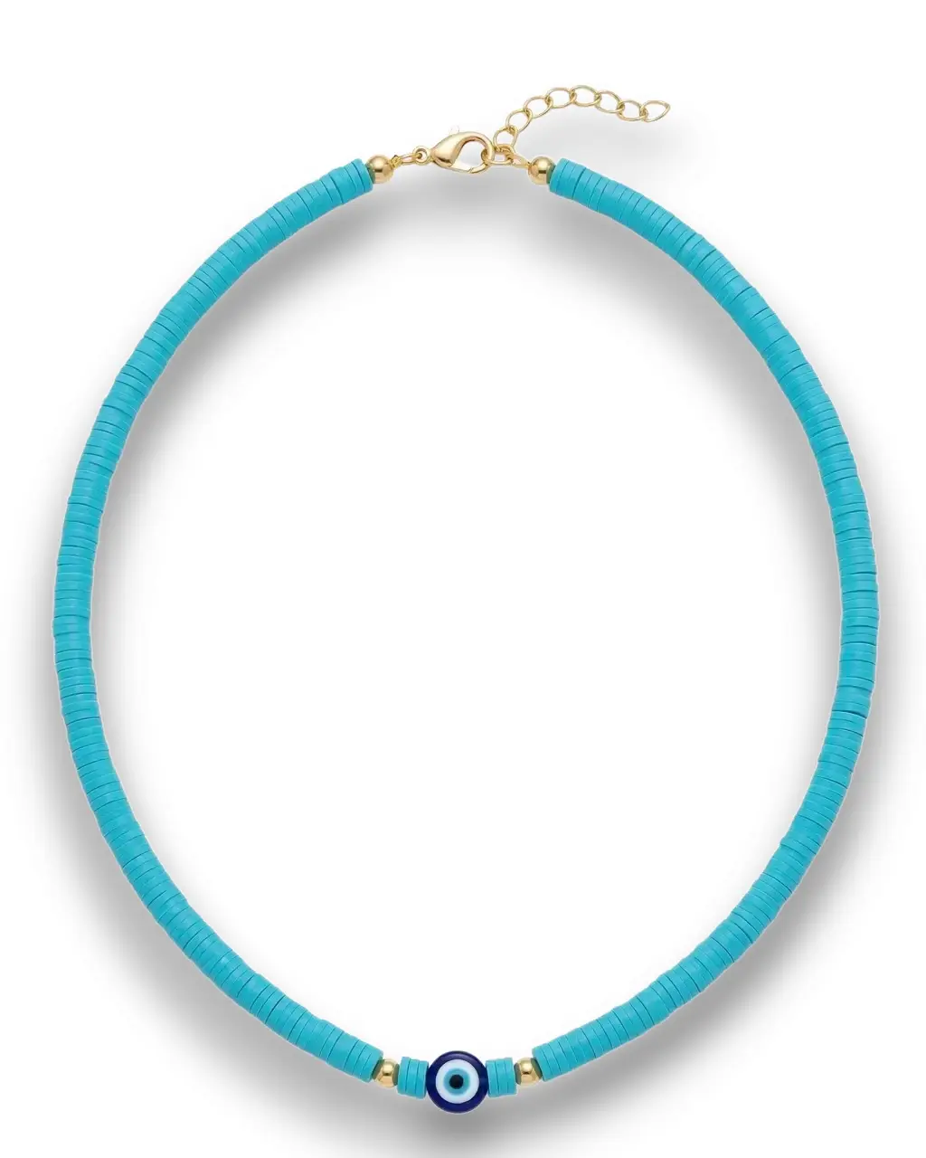 Nazar boncuklu turkuaz fimo choker kolye ürününün beyaz arka planda detaylı genel görünümü.