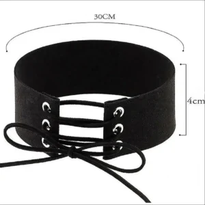 Siyah Nubuk kumaş korse stili choker boyunluk ürününün beyaz arka plandaki genel görünüm ve ölçü detay görseli.