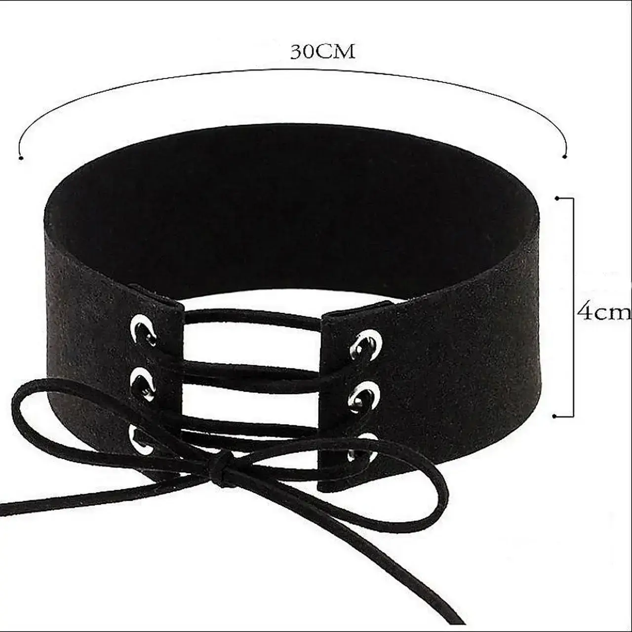 Siyah Nubuk kumaş korse stili choker boyunluk ürününün beyaz arka plandaki genel görünüm ve ölçü detay görseli.