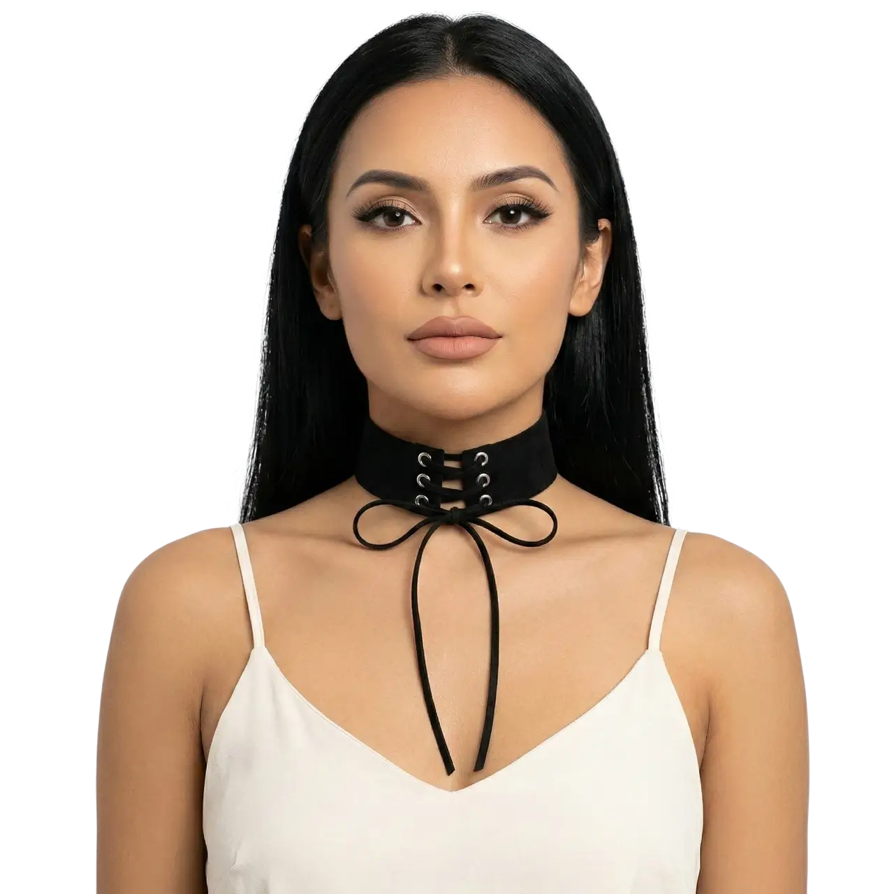 Nubuk kumaş korse stili choker boyunluk siyah renk modelinin beyaz fonda manken üzerindeki önden pozu.
