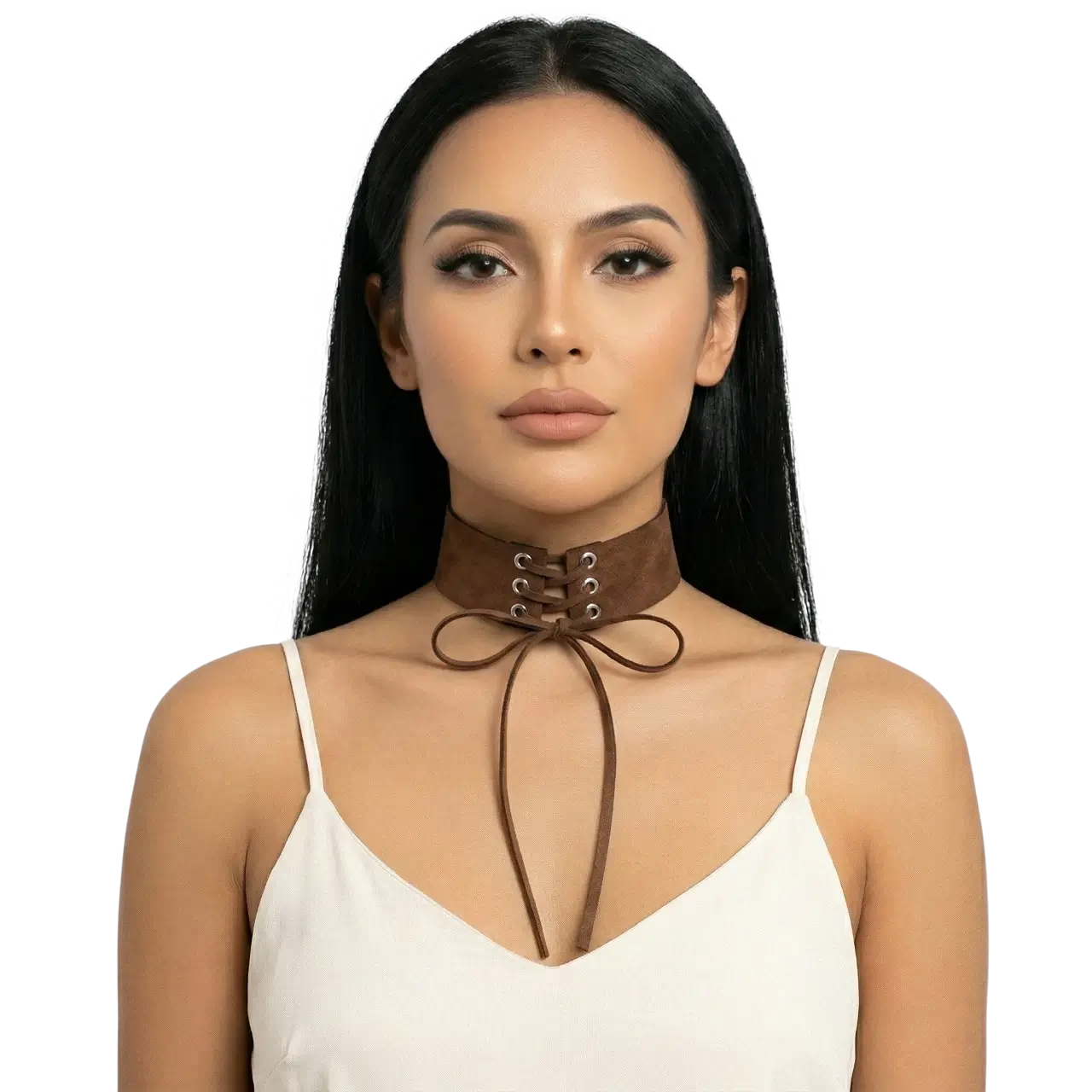 Nubuk kumaş korse stili choker boyunluk kahverengi modelinin beyaz arka planda manken üzerindeki önden pozu.