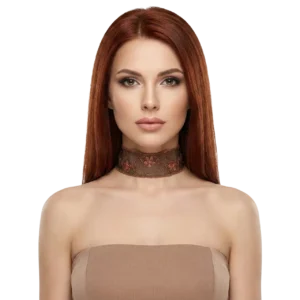 Papatya işlemeli bakır renk choker kolye tasarımının beyaz fonda manken üzerindeki önden pozu.