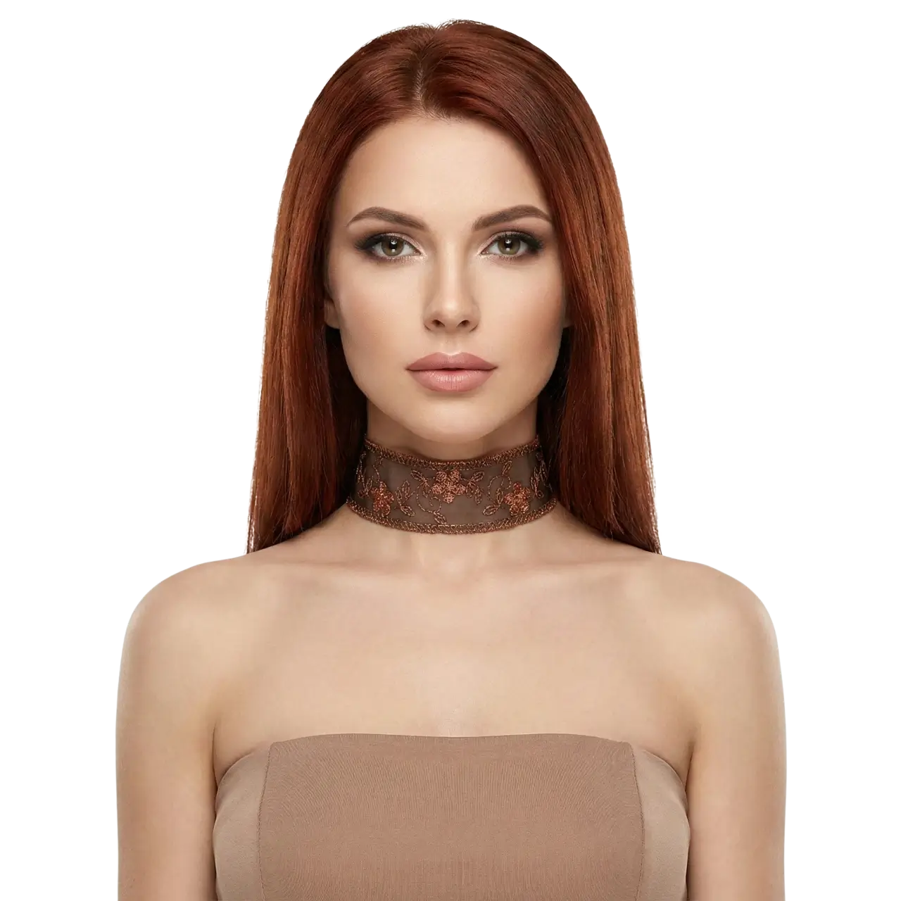 Papatya işlemeli bakır renk choker kolye tasarımının beyaz fonda manken üzerindeki önden pozu.