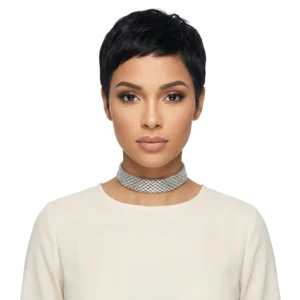 Petek dokulu esnek tasarım choker kolye gümüş renk modelinin beyaz arka planda manken üzerinde önden çekimi.