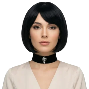 Siyah nubuk zirkon taşlı choker kolye modelinin beyaz arka planda manken üzerinde önden zarif pozu.
